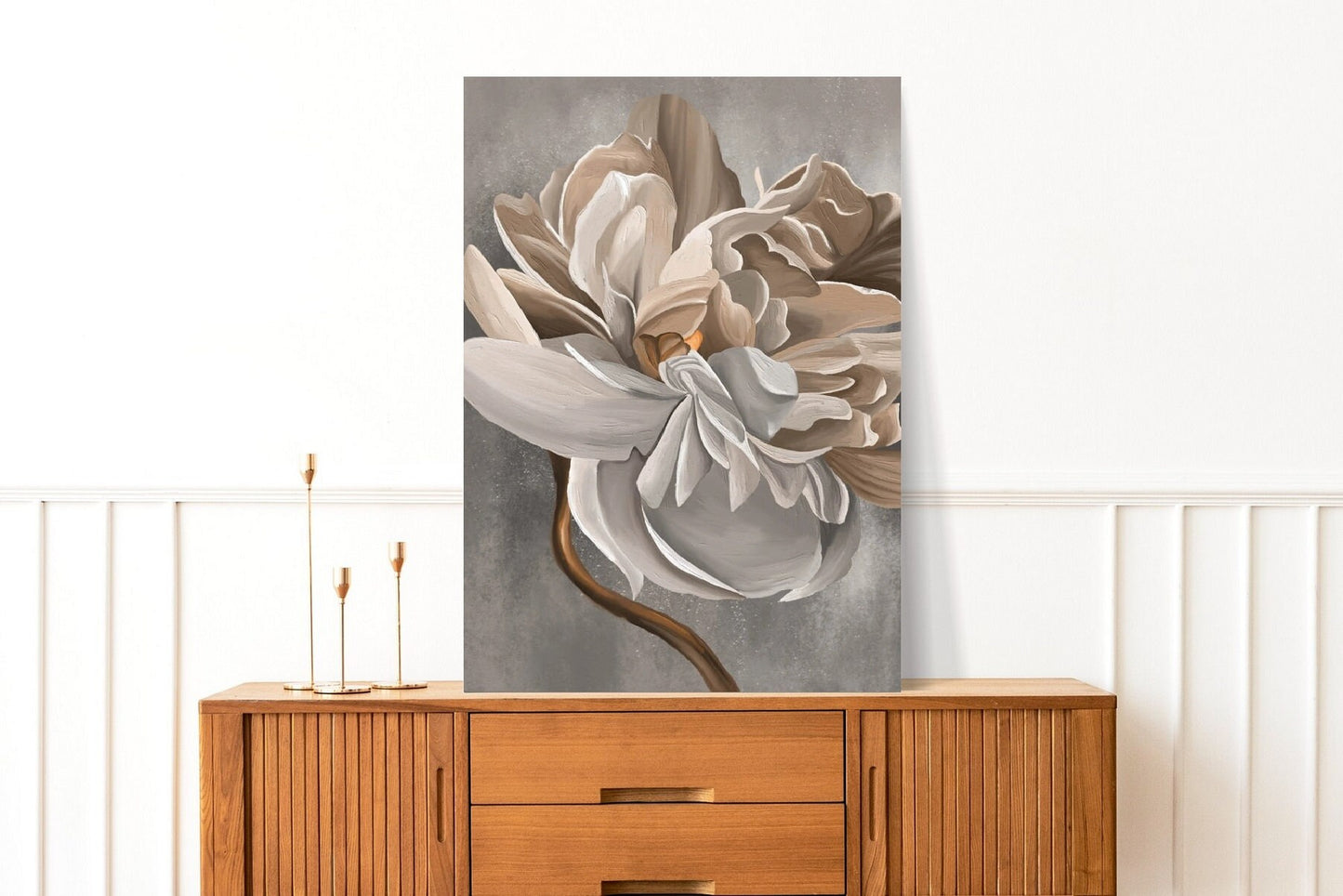 Florale gerahmte Wandkunst, großes Ölgemälde mit schwebendem Rahmen, großer Blumen-Leinwanddruck, beige Wohnzimmer-Wandkunst, druckbares Wildblumen-Kunstwerk