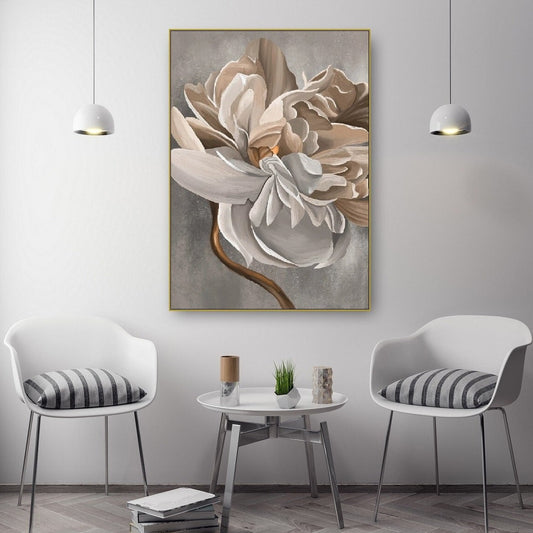 Florale gerahmte Wandkunst, großes Ölgemälde mit schwebendem Rahmen, großer Blumen-Leinwanddruck, beige Wohnzimmer-Wandkunst, druckbares Wildblumen-Kunstwerk