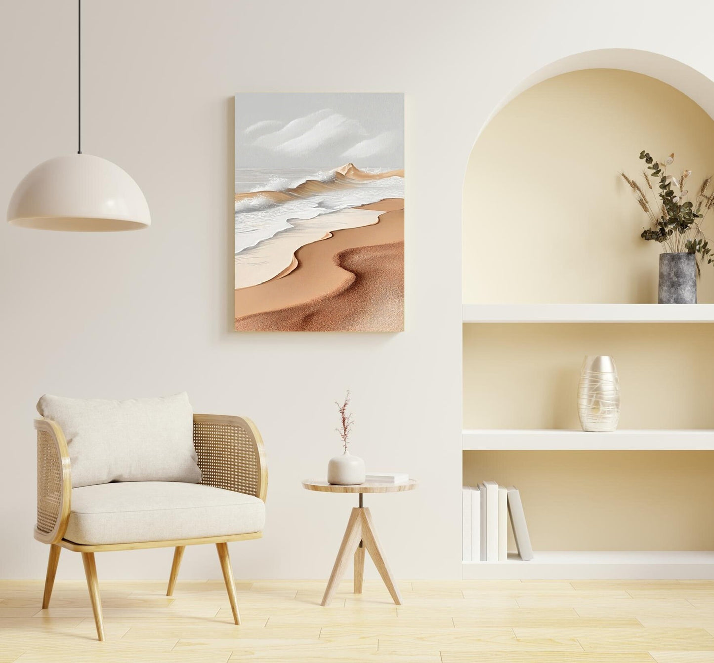 Großes Wellen-Wandbild, maritimes Kunstwerk im Floater-Rahmen, modernes Wanddekor mit Meereslandschaft, grau-beiger Leinwanddruck, druckbare maritime Wandkunst