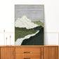 Großes Ölgemälde auf Leinwand, schwebender Rahmen, Berge, Wandkunst, abstrakte Landschaft, hängende Wanddekoration, grün-graues Wohnzimmer-Kunstwerk