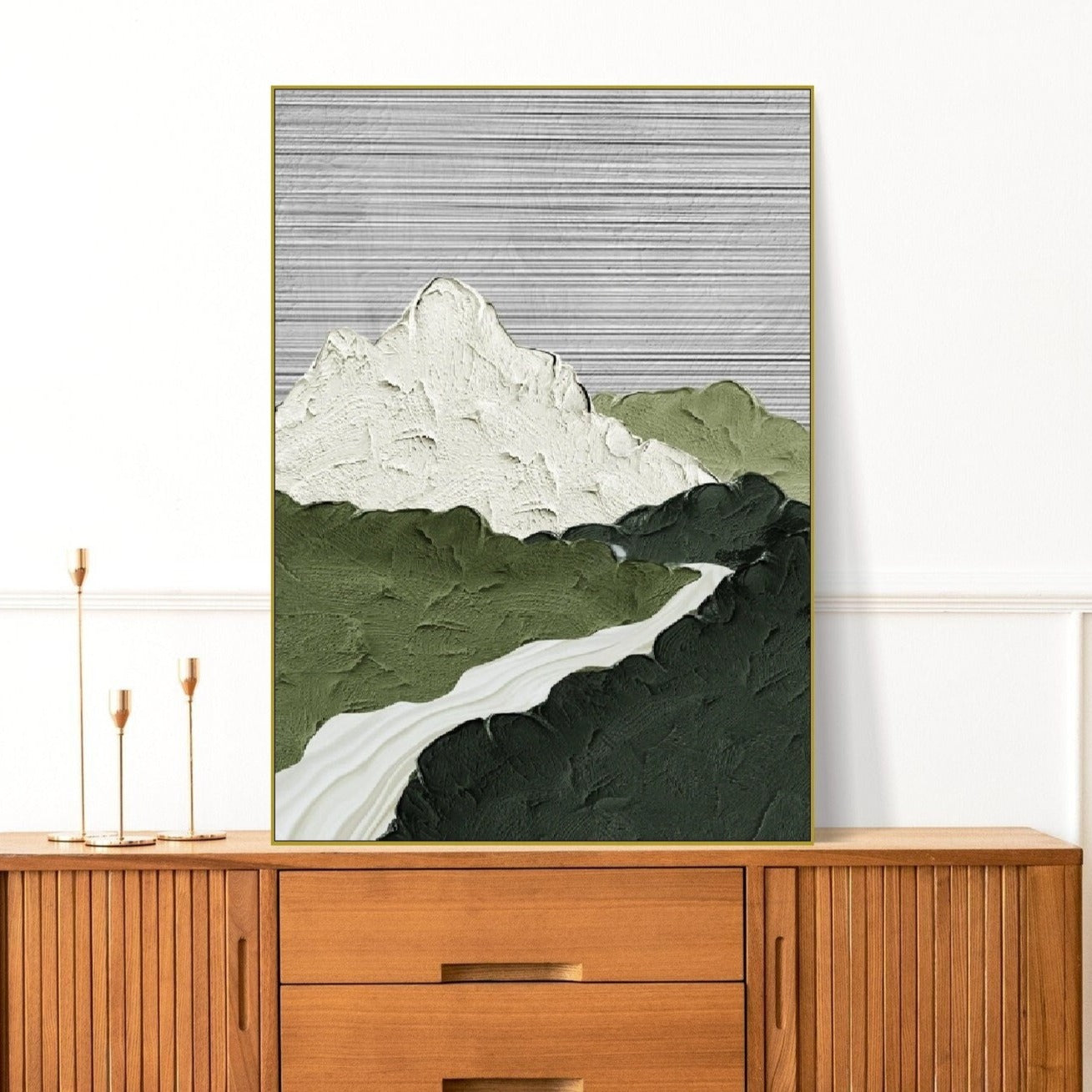 Großes Ölgemälde auf Leinwand, schwebender Rahmen, Berge, Wandkunst, abstrakte Landschaft, hängende Wanddekoration, grün-graues Wohnzimmer-Kunstwerk