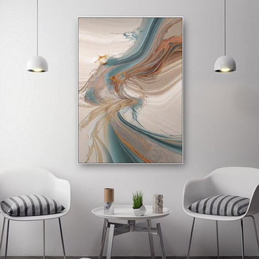 Großes abstraktes Wandbild, großes Wandbild im Float-Rahmen, blau-beiges Leinwandbild, zeitgenössisches gerahmtes Wandbild, minimalistisches Schlafzimmer-Kunstwerk