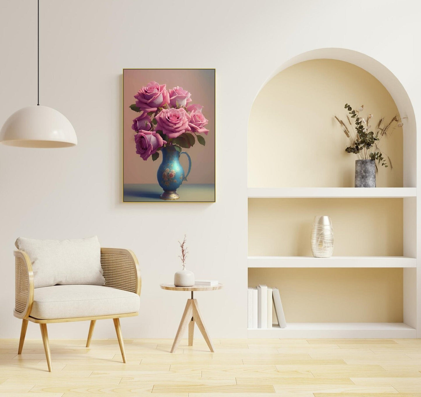 Gerahmter Leinwanddruck mit Blumenmuster, große rosa Blumen Wandkunst, Wandkunst mit schwebendem Rahmen und Rosen, botanisches Kunstwerk fürs Schlafzimmer, Wandkunst als Geschenk