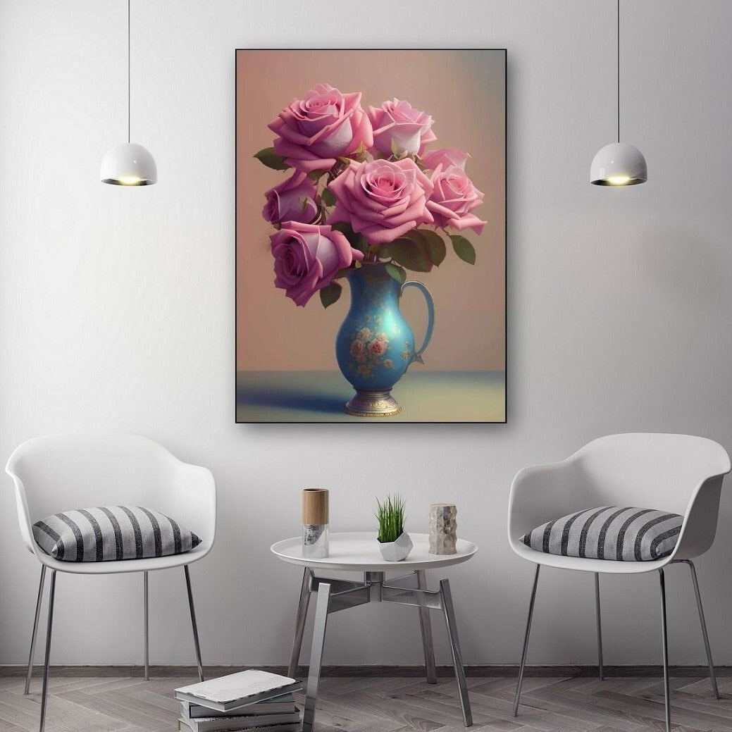 Gerahmter Leinwanddruck mit Blumenmuster, große rosa Blumen Wandkunst, Wandkunst mit schwebendem Rahmen und Rosen, botanisches Kunstwerk fürs Schlafzimmer, Wandkunst als Geschenk