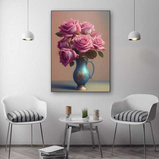 Gerahmter Leinwanddruck mit Blumenmuster, große rosa Blumen Wandkunst, Wandkunst mit schwebendem Rahmen und Rosen, botanisches Kunstwerk fürs Schlafzimmer, Wandkunst als Geschenk