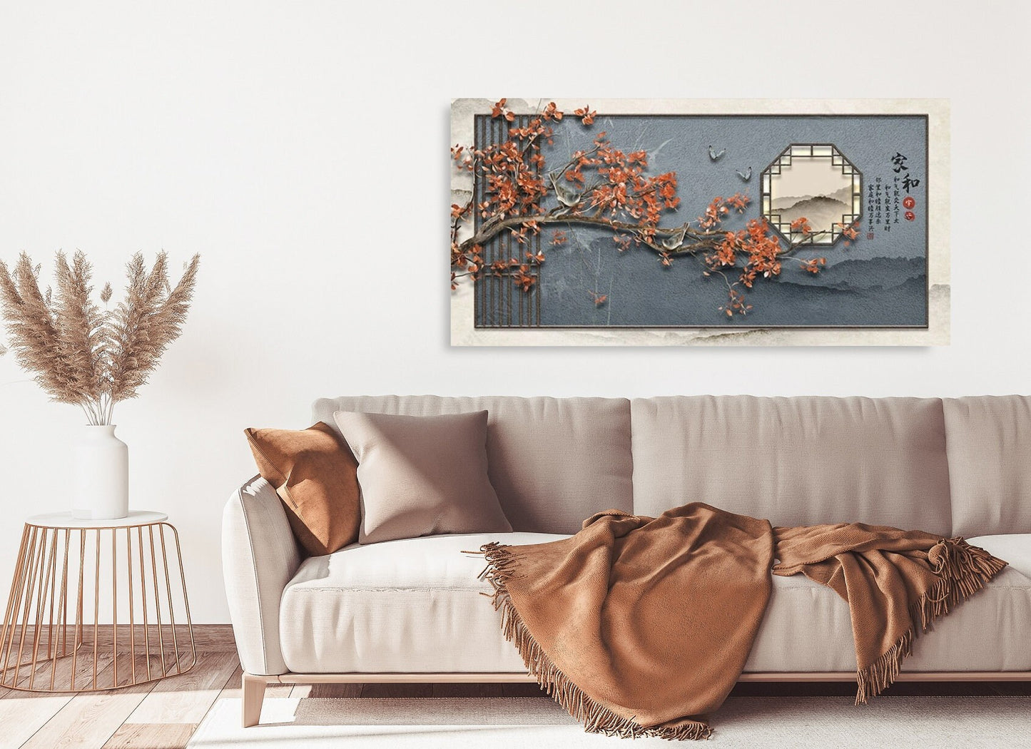 Großer japanischer Leinwanddruck, gerahmte asiatische Wandkunst, grau-weiße Wanddekoration, schwebendes Rahmenbild, druckbare Sakura-Wandkunst