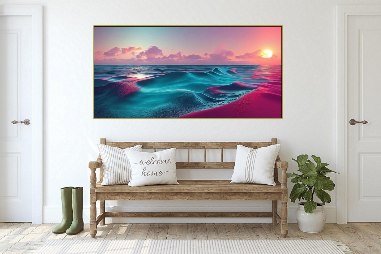 Großes Meeresbild, Wellen-Leinwanddruck, maritime Wandkunst im Floater-Rahmen, blau-rosa Kunstwerk, druckbares maritimes Bild fürs Wohnzimmer