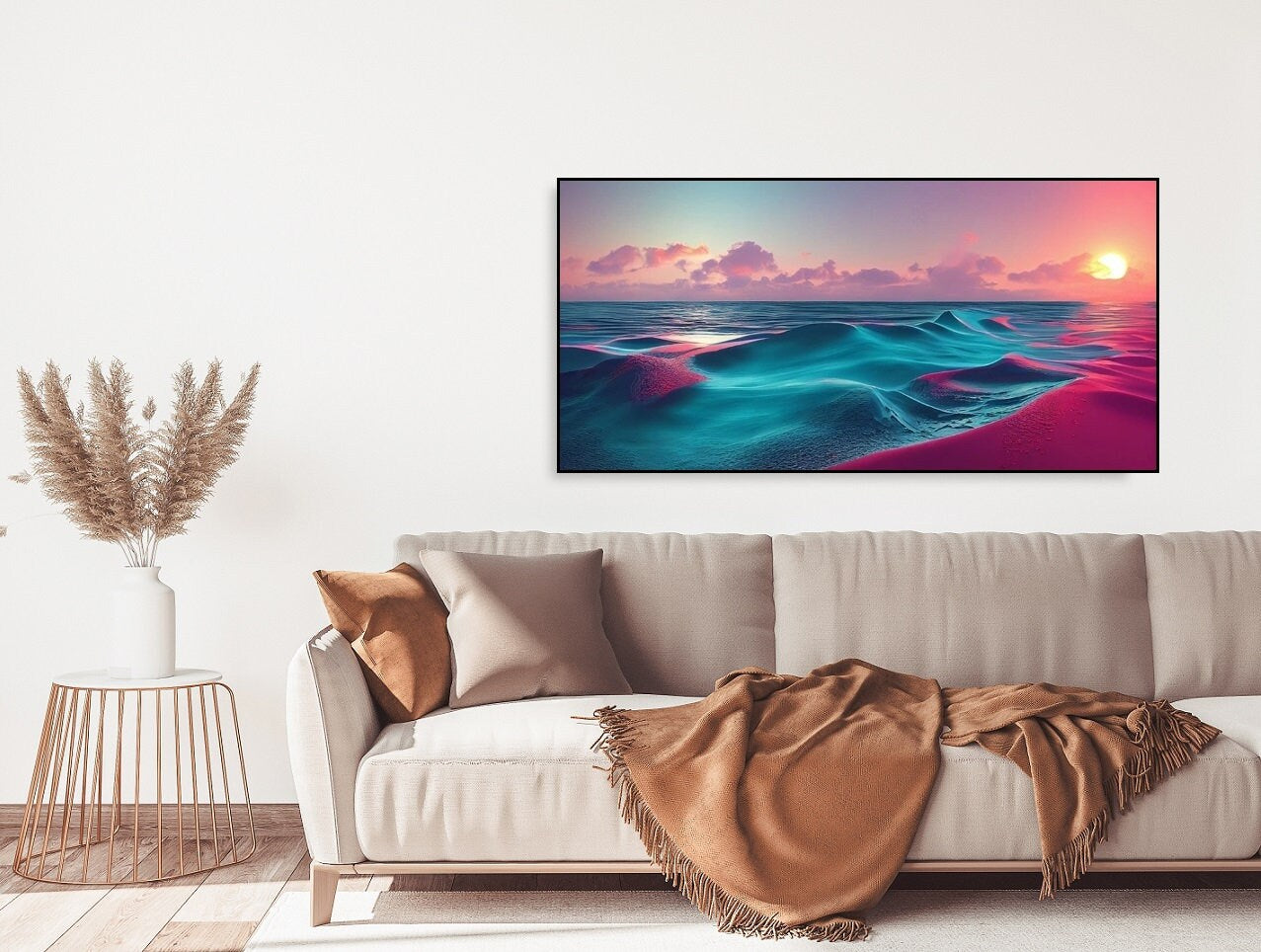 Großes Meeresbild, Wellen-Leinwanddruck, maritime Wandkunst im Floater-Rahmen, blau-rosa Kunstwerk, druckbares maritimes Bild fürs Wohnzimmer