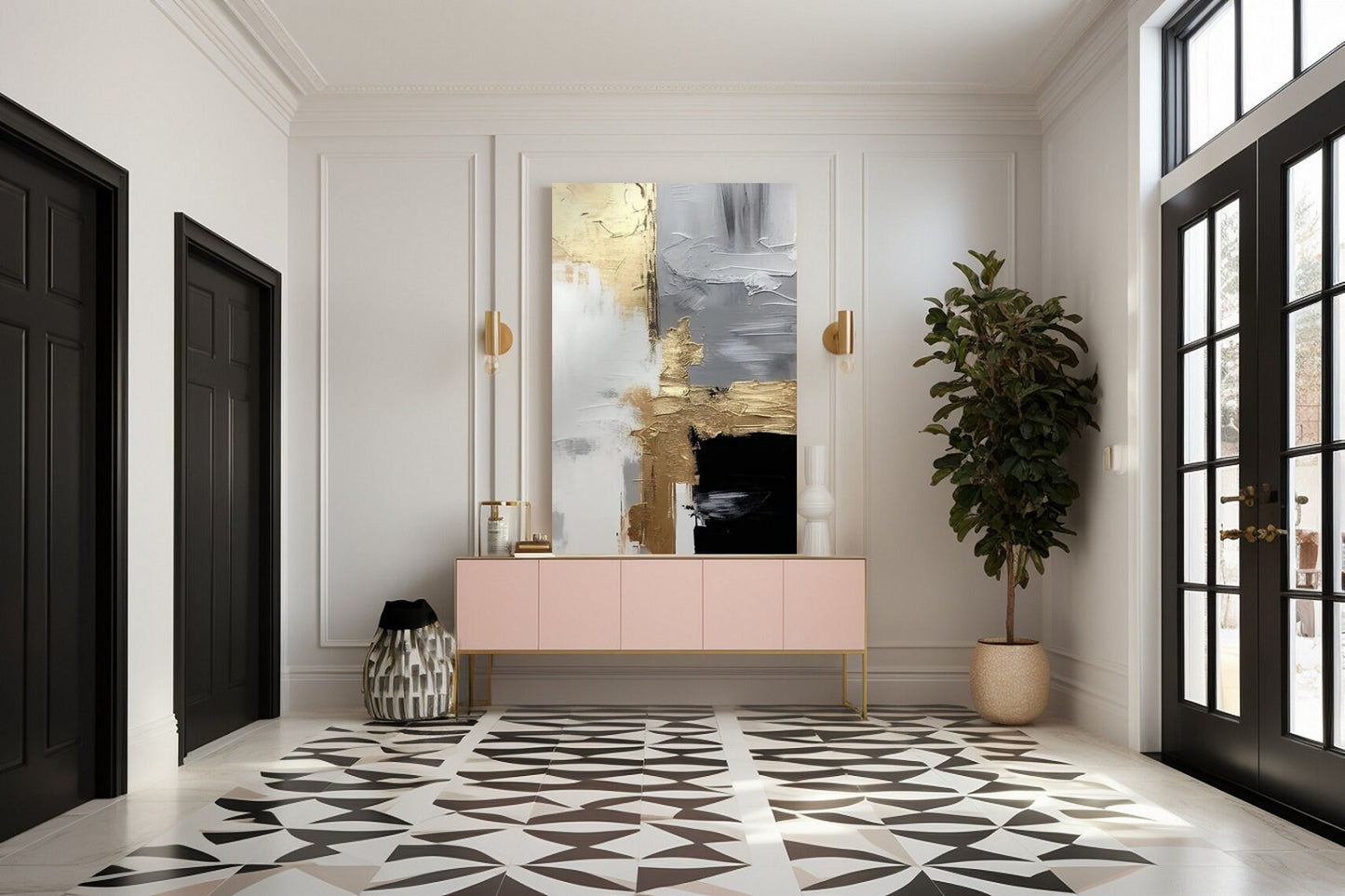 Großer abstrakter Leinwanddruck, grau-goldener schwebender Rahmen, druckbares Ölgemälde, konzeptuelles Wohnzimmer-Wandbild