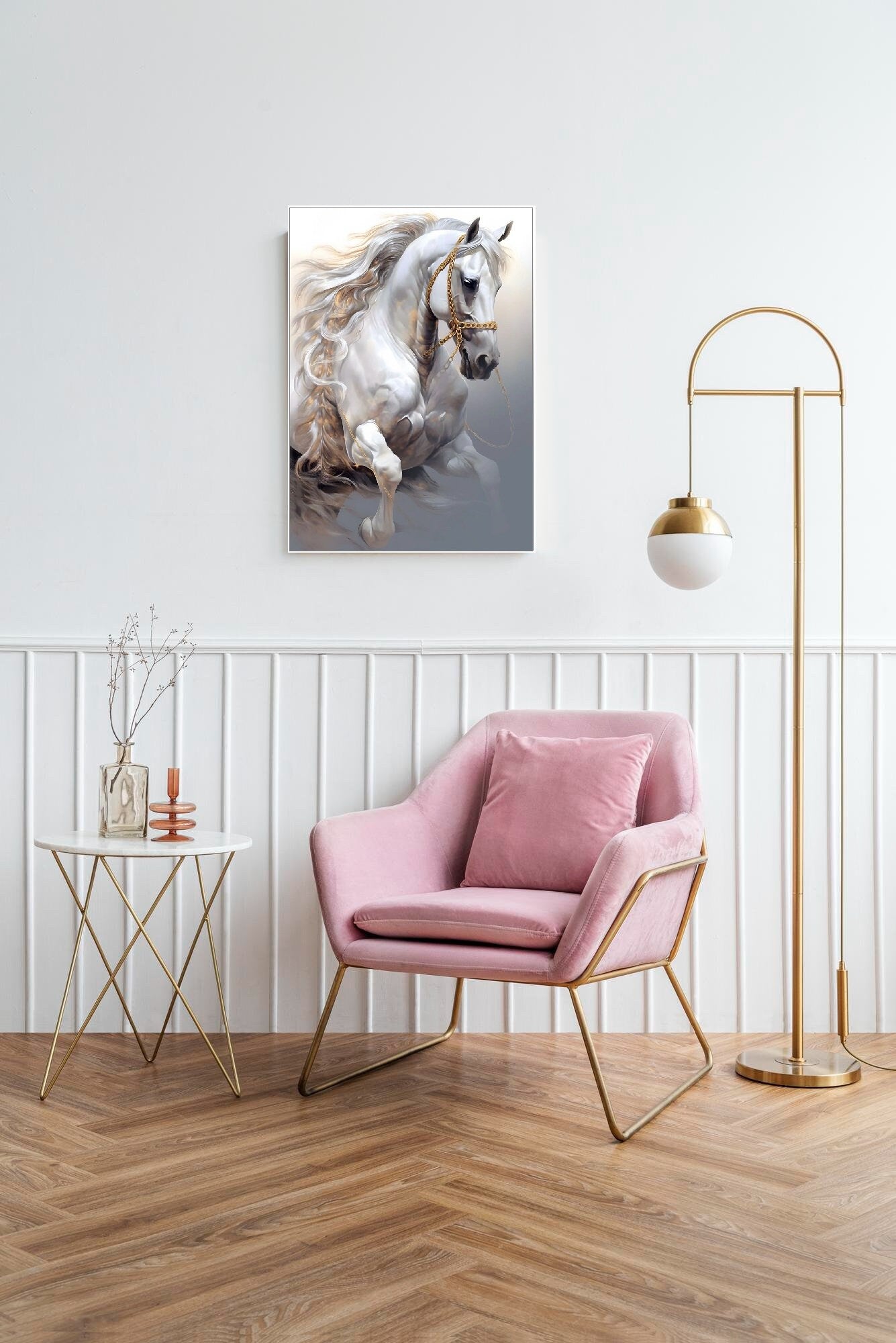Großes Pferde-Wandbild, gerahmter Leinwanddruck mit Tieren, schwebendes Rahmenbild, weißes Pferd zum Aufhängen, druckbare grau-weiße Wandkunst
