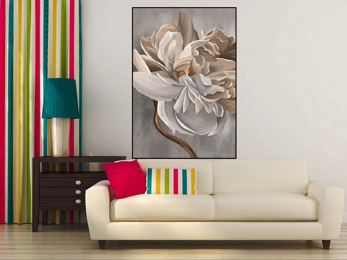 Florale gerahmte Wandkunst, großes Ölgemälde mit schwebendem Rahmen, großer Blumen-Leinwanddruck, beige Wohnzimmer-Wandkunst, druckbares Wildblumen-Kunstwerk