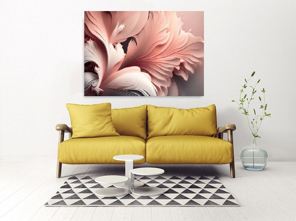 Große florale Wandkunst, schwebender Rahmen mit Blütenblättern auf Leinwand, rosa hängende Wandkunst, modernes gerahmtes Kunstwerk, Schlafzimmerwandkunst mit Blumen