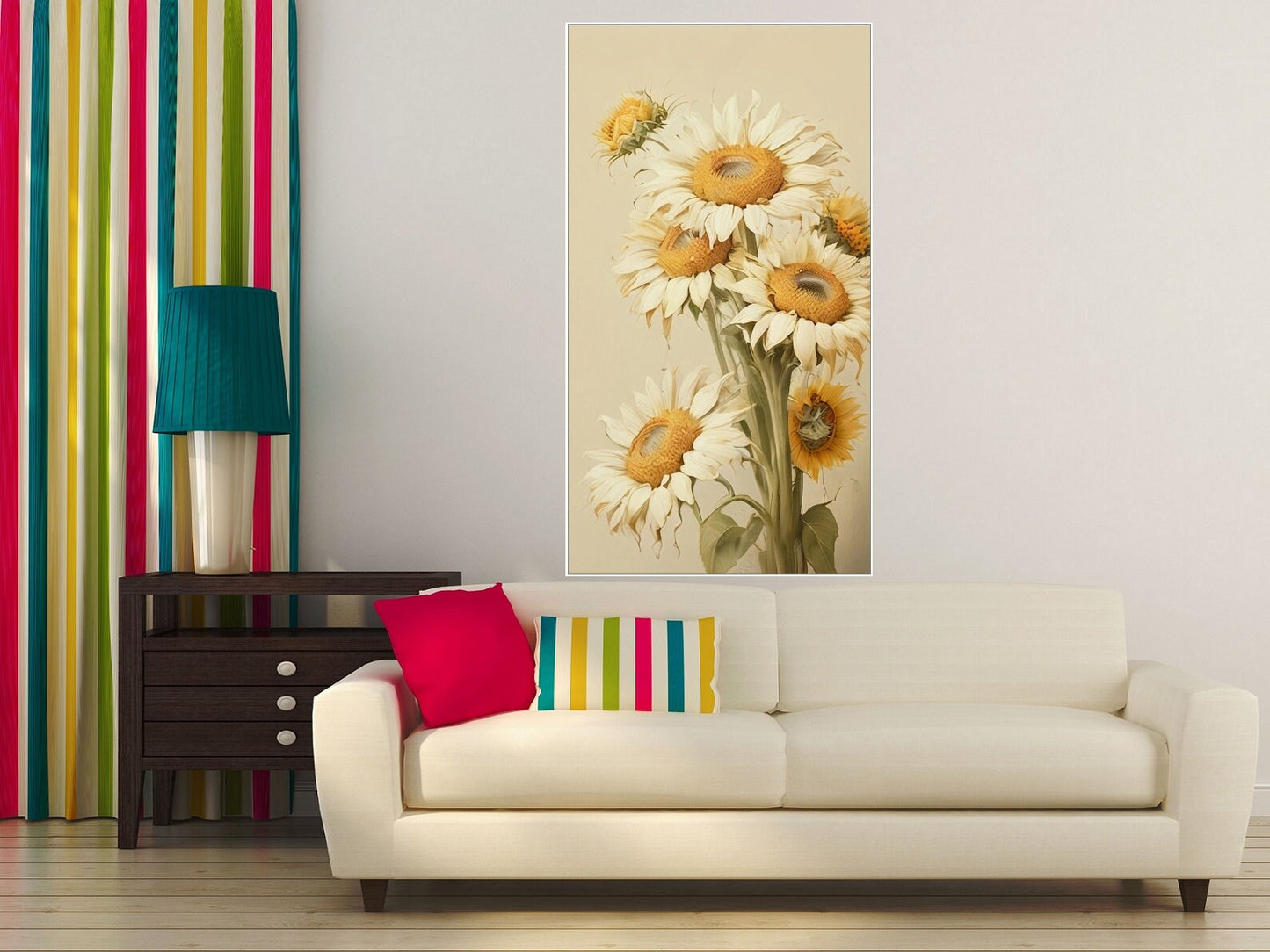 Gerahmte Wandkunst mit Kamille, großes botanisches Kunstwerk im schwebenden Rahmen, druckbare Blumen-Wandkunst, vertikaler floraler Leinwanddruck fürs Schlafzimmer