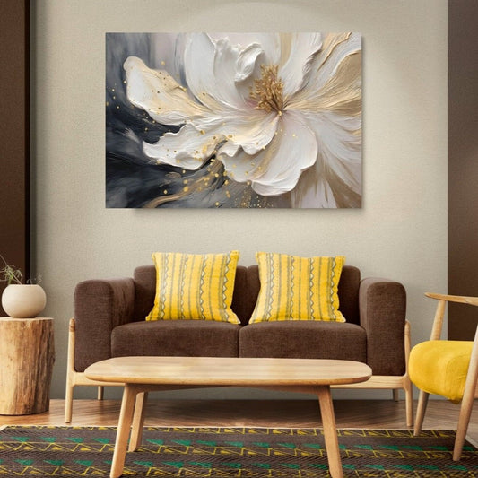 Florales großes Leinwandbild, Aquarellbild im Floater-Rahmen, druckbare gerahmte weiße Blumenwandkunst, botanisches Schlafzimmer-Wanddekor