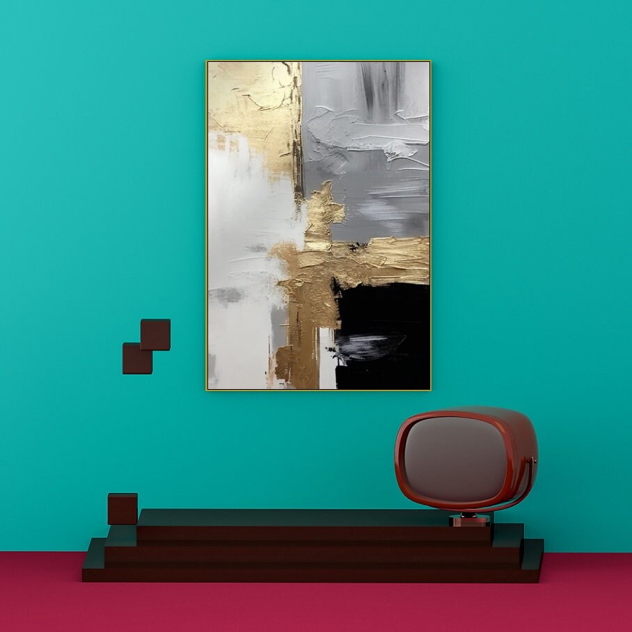 Großer abstrakter Leinwanddruck, grau-goldener schwebender Rahmen, druckbares Ölgemälde, konzeptuelles Wohnzimmer-Wandbild