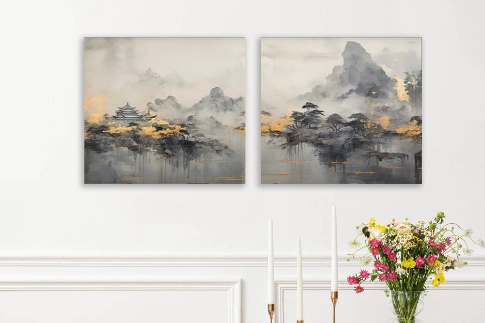 Großes Landschaftsbild, mehrteiliger Leinwanddruck, druckbares japanisches Kunstwerk, 3er-Set, graues Schlafzimmer-Wandbild, Kunstwerk zum Verschenken
