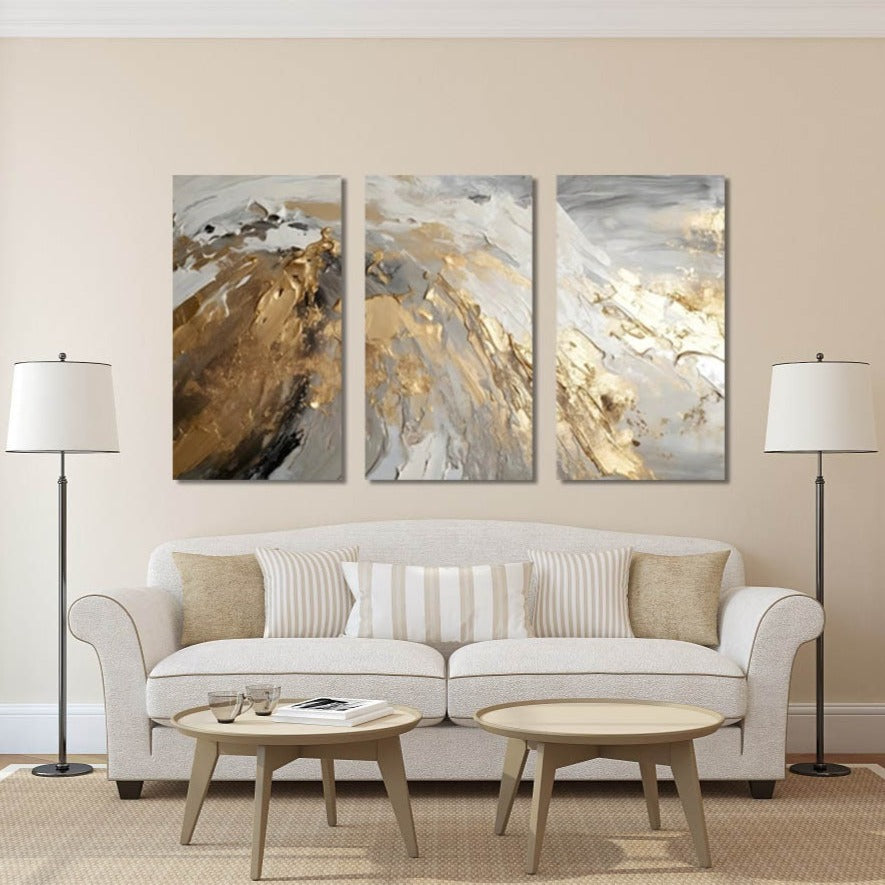 Großes abstraktes Wandbild, grau-goldener Leinwanddruck, konzeptuelles Multi-Panel-Kunstwerk, 3-teiliges Wanddekor, moderner Druck Schlafzimmer-Wandkunst