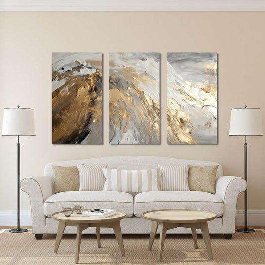 Großes abstraktes Wandbild, grau-goldener Leinwanddruck, konzeptuelles Multi-Panel-Kunstwerk, 3-teiliges Wanddekor, moderner Druck Schlafzimmer-Wandkunst
