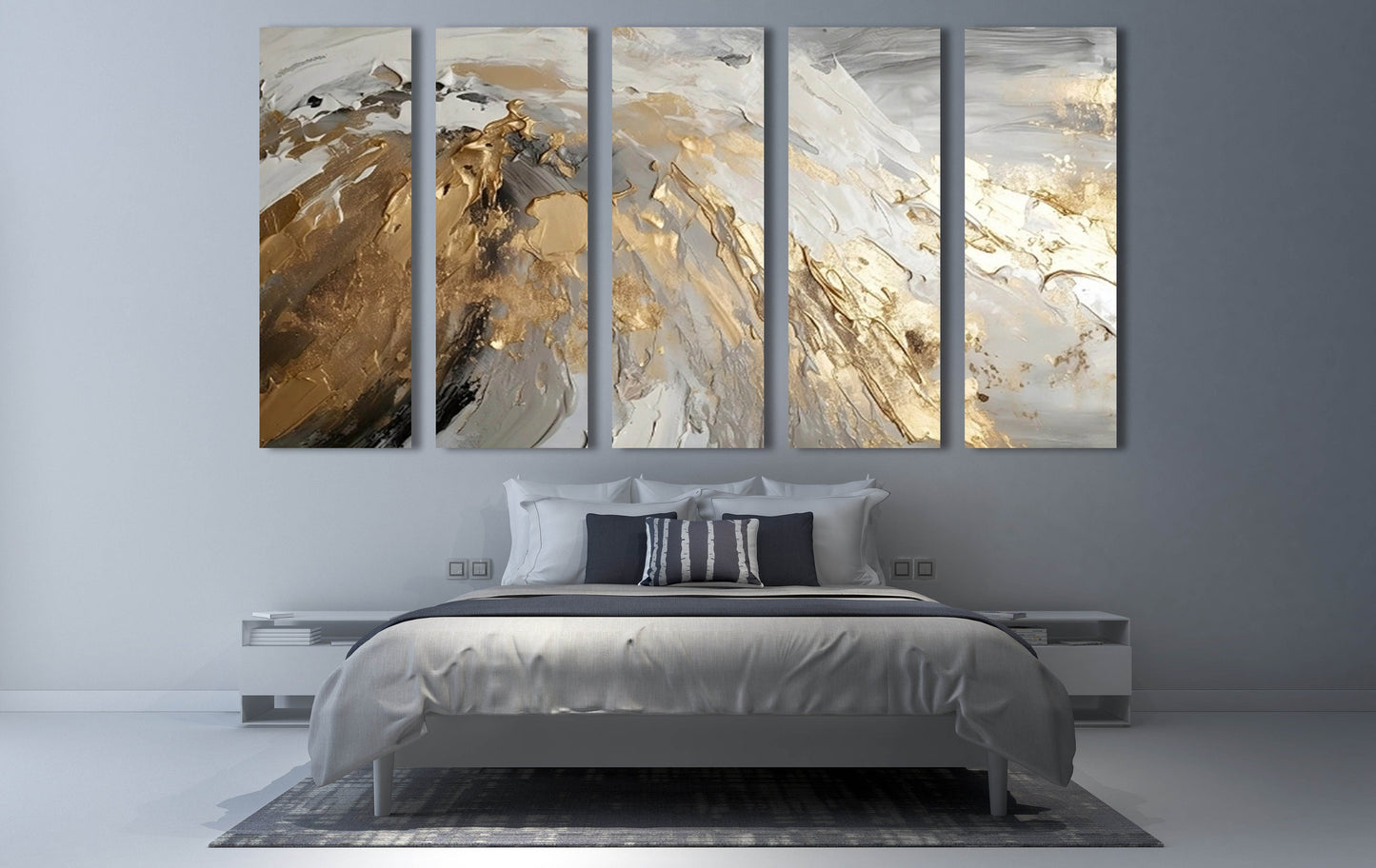 Großes abstraktes Wandbild, grau-goldener Leinwanddruck, konzeptuelles Multi-Panel-Kunstwerk, 3-teiliges Wanddekor, moderner Druck Schlafzimmer-Wandkunst