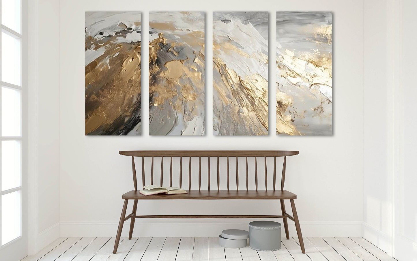 Großes abstraktes Wandbild, grau-goldener Leinwanddruck, konzeptuelles Multi-Panel-Kunstwerk, 3-teiliges Wanddekor, moderner Druck Schlafzimmer-Wandkunst