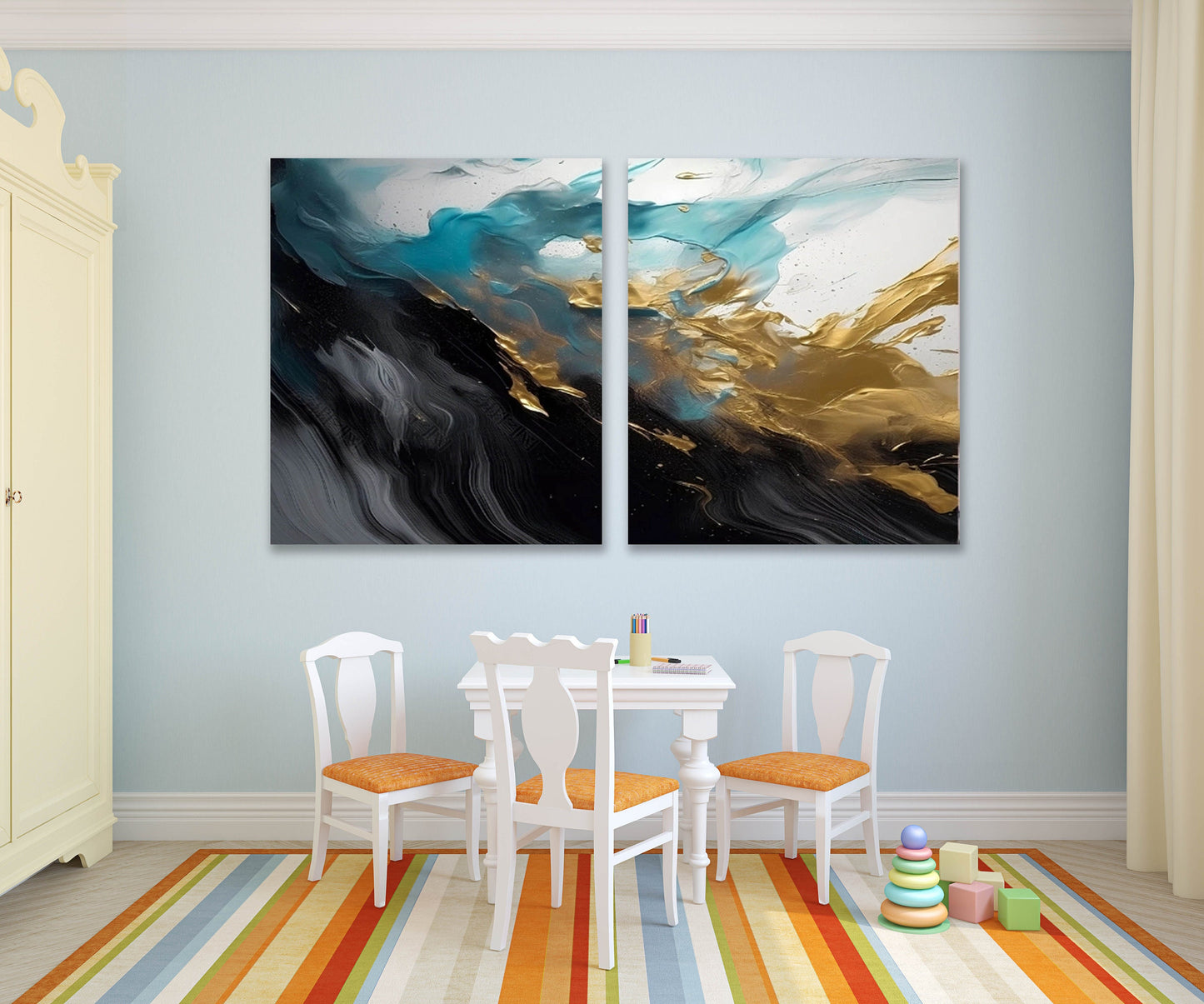 Abstraktes mehrteiliges Wandbild, schwarz-goldener Leinwanddruck, großes druckbares Kunstwerk, dreiteiliger Leinwanddruck, konzeptuelle Schlafzimmer-Wandkunst