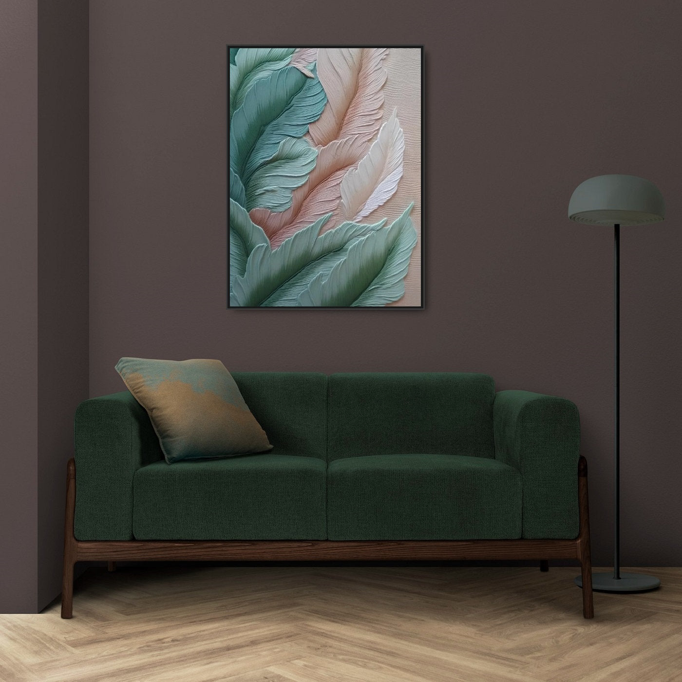 Botanische 3D-Wandkunst, großer Blätter-Leinwanddruck, grün-rosa Floater-Rahmen-Kunstwerk, abstrakte Wohnzimmer-Wandkunst, volumetrisches Geschenk-Kunstwerk