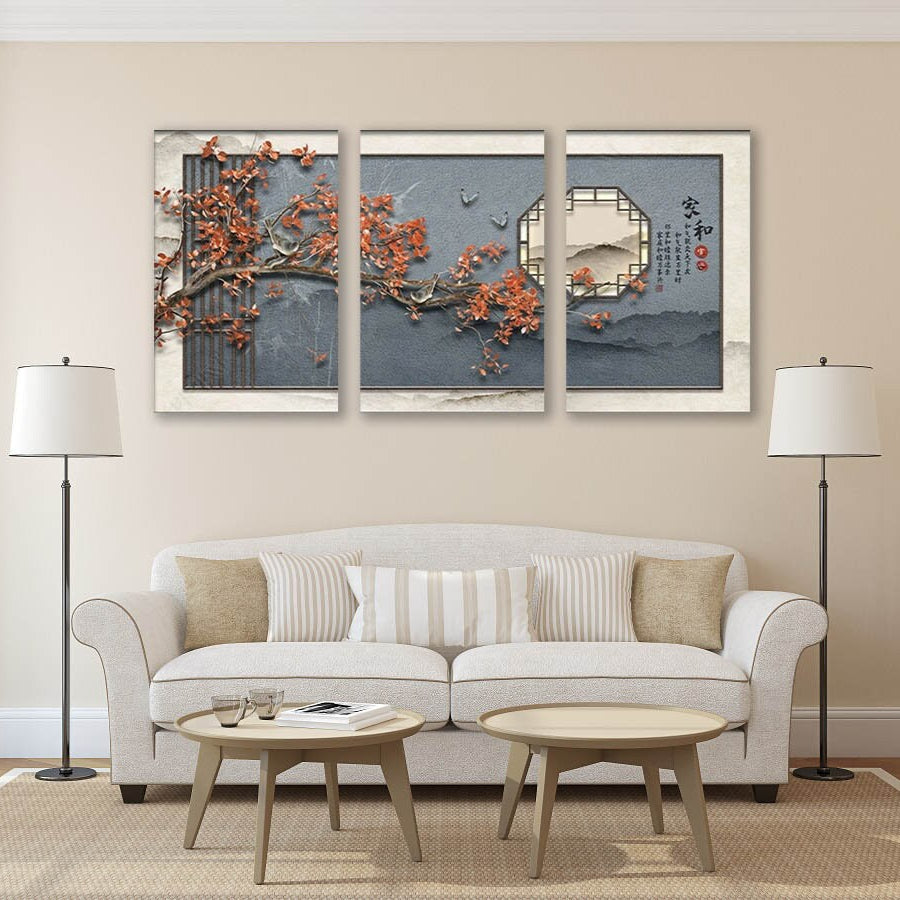 Japanischer Leinwanddruck, großes asiatisches Wandbild, Kirschblüten-Kunstwerk, dreiteiliges Wandbild, mehrteiliges Schlafzimmer-Kunstwerk, Geschenk zur Wohnungserwärmung