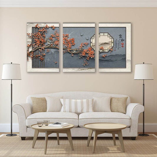 Japanischer Leinwanddruck, großes asiatisches Wandbild, Kirschblüten-Kunstwerk, dreiteiliges Wandbild, mehrteiliges Schlafzimmer-Kunstwerk, Geschenk zur Wohnungserwärmung