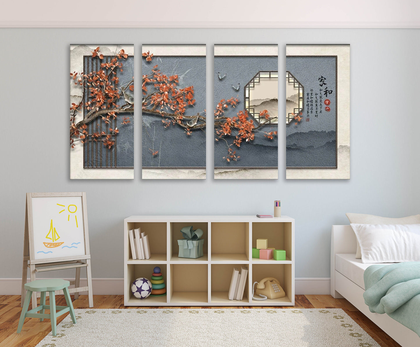 Japanischer Leinwanddruck, großes asiatisches Wandbild, Kirschblüten-Kunstwerk, dreiteiliges Wandbild, mehrteiliges Schlafzimmer-Kunstwerk, Geschenk zur Wohnungserwärmung