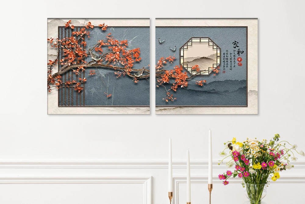 Japanischer Leinwanddruck, großes asiatisches Wandbild, Kirschblüten-Kunstwerk, dreiteiliges Wandbild, mehrteiliges Schlafzimmer-Kunstwerk, Geschenk zur Wohnungserwärmung