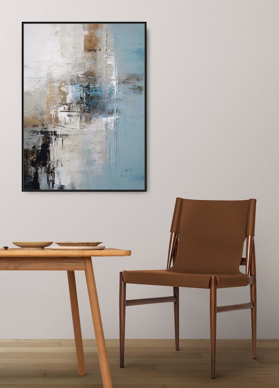 Abstrakte gerahmte Wandkunst, moderner blauer Leinwanddruck, großes Floater-Rahmen-Kunstwerk, konzeptuelles hängendes Wanddekor, Wohnzimmer-Wandkunst