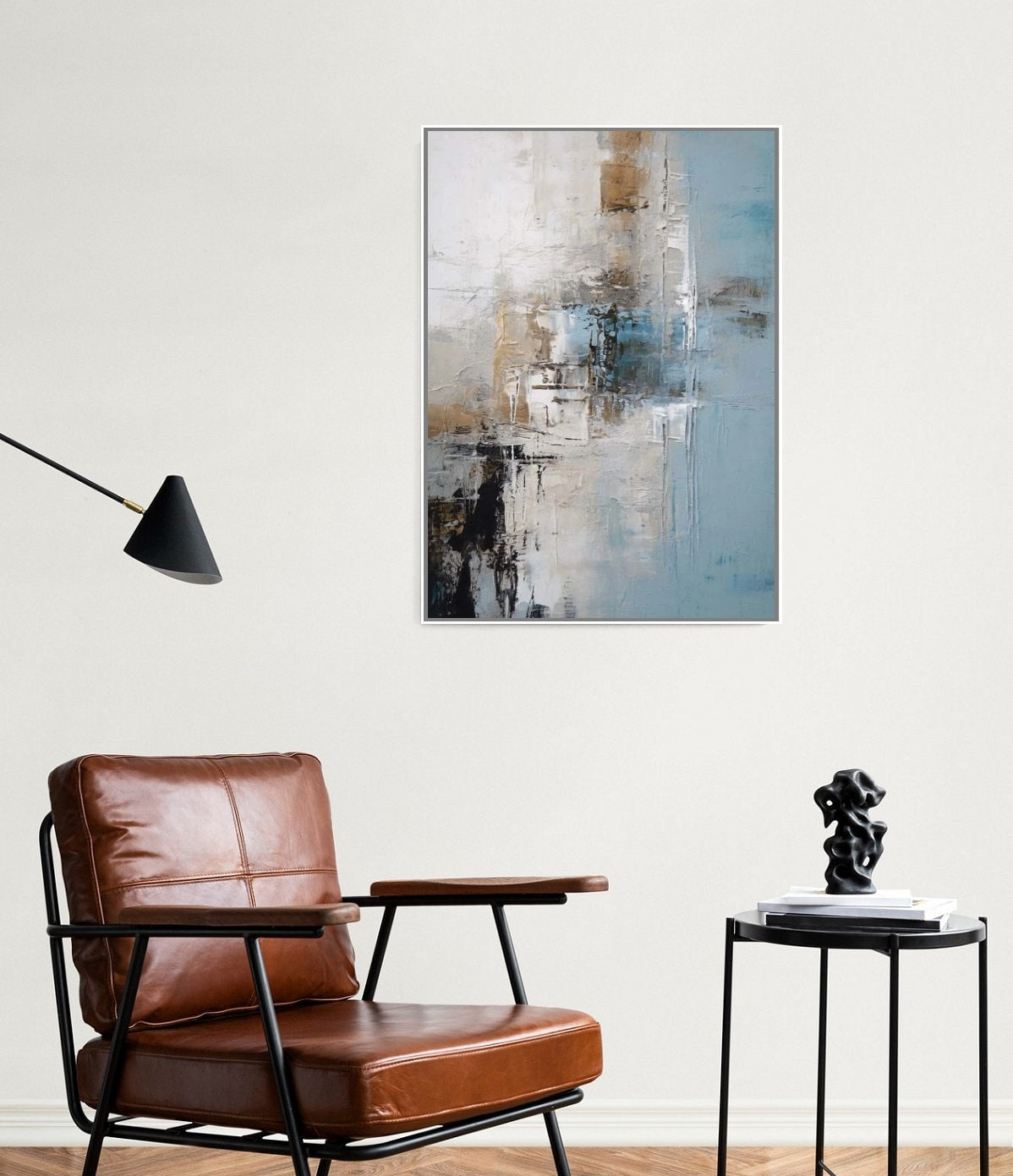 Abstrakte gerahmte Wandkunst, moderner blauer Leinwanddruck, großes Floater-Rahmen-Kunstwerk, konzeptuelles hängendes Wanddekor, Wohnzimmer-Wandkunst