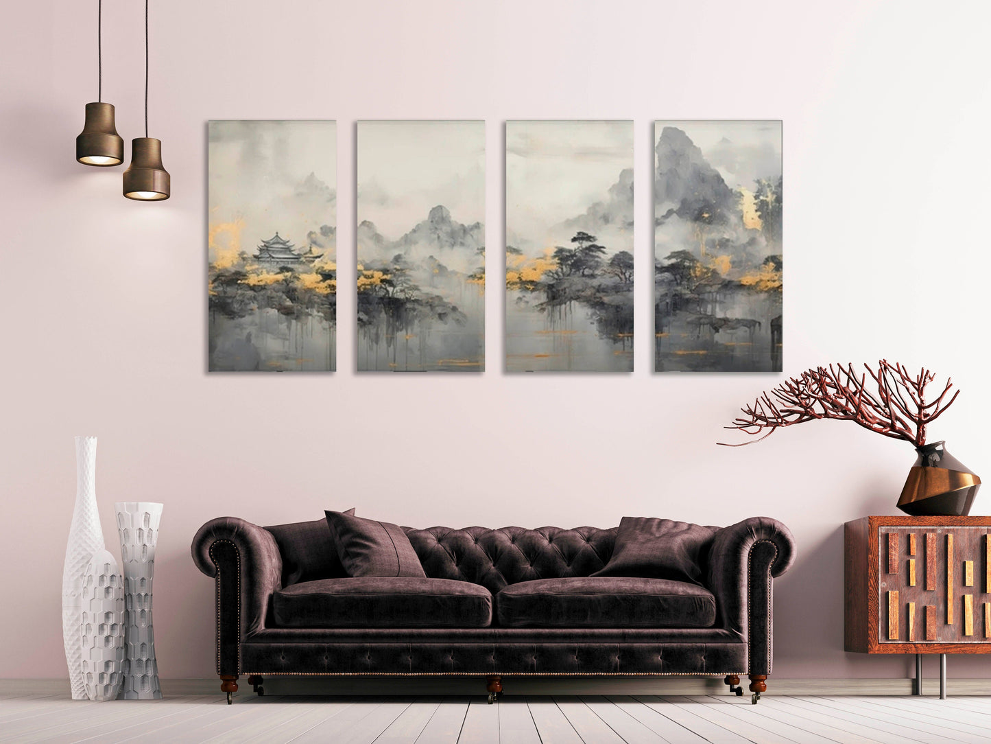 Großes Landschaftsbild, mehrteiliger Leinwanddruck, druckbares japanisches Kunstwerk, 3er-Set, graues Schlafzimmer-Wandbild, Kunstwerk zum Verschenken