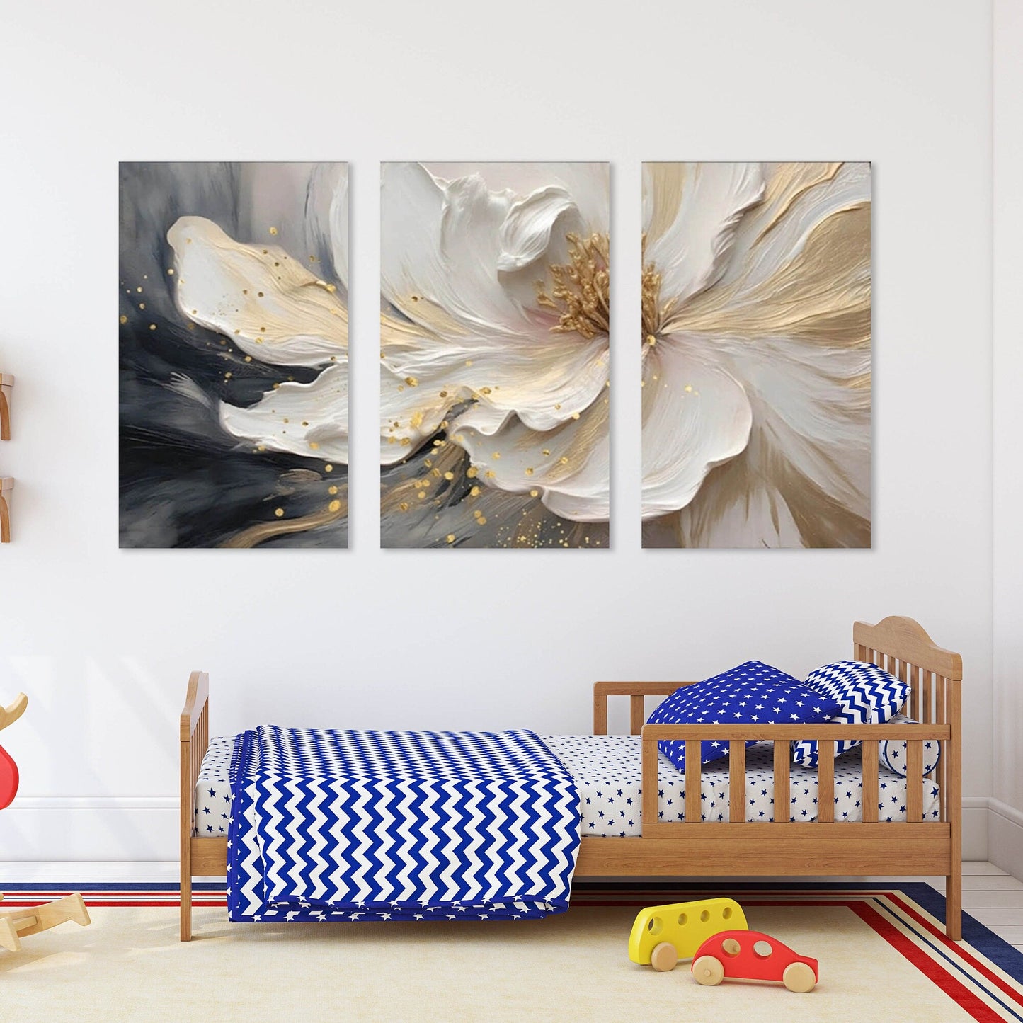 Floraler Leinwanddruck, großes dreiteiliges Wandbild, großes Blumenkunstwerk, 3D-Wandbild mit mehreren Teilen, Wandbild fürs Schlafzimmer, botanisches Kunstwerk als Geschenk