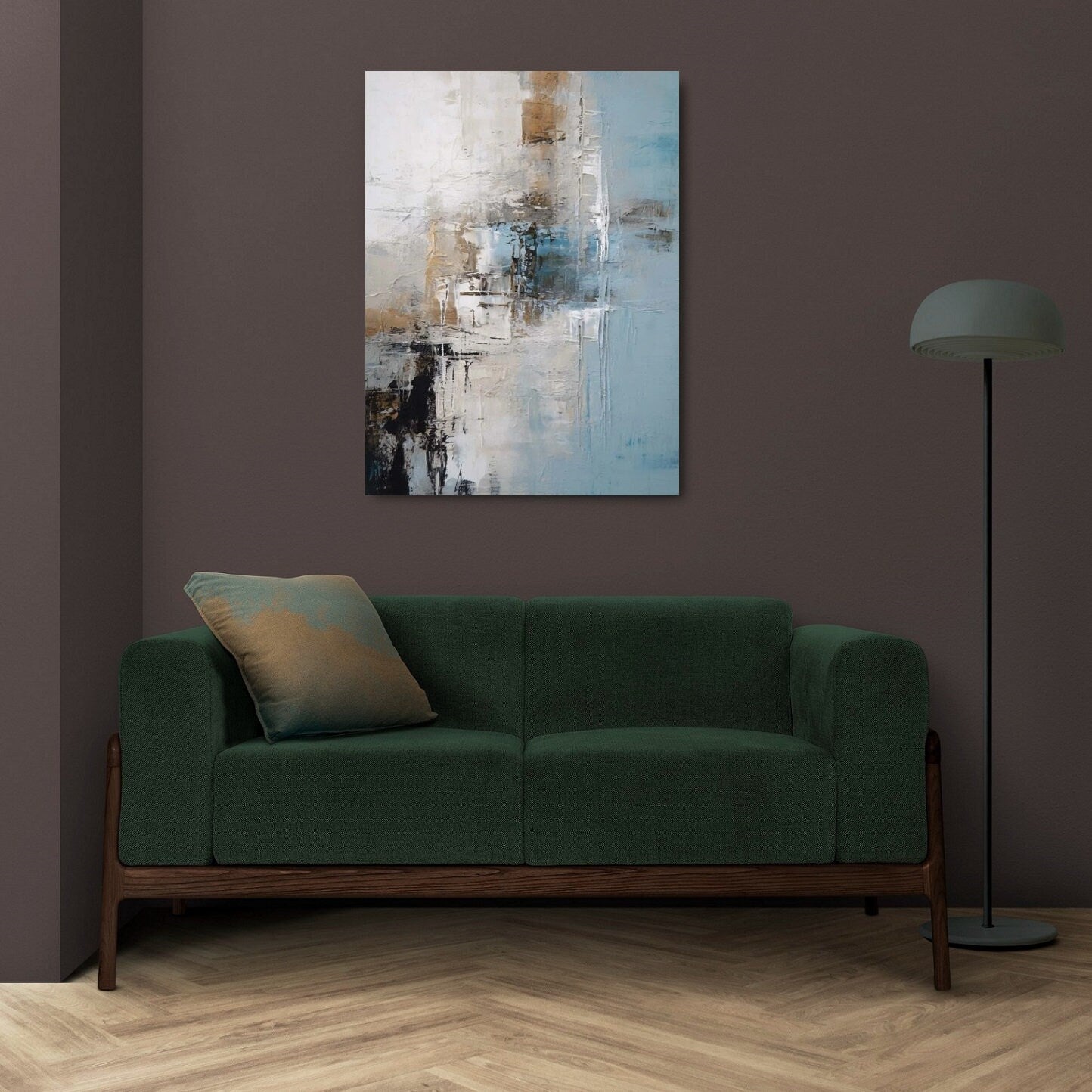 Abstrakte gerahmte Wandkunst, moderner blauer Leinwanddruck, großes Floater-Rahmen-Kunstwerk, konzeptuelles hängendes Wanddekor, Wohnzimmer-Wandkunst