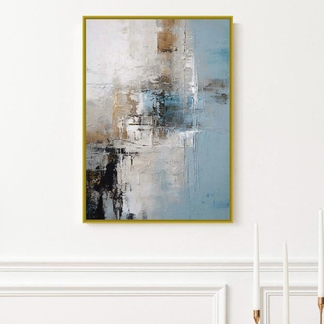 Abstrakte gerahmte Wandkunst, moderner blauer Leinwanddruck, großes Floater-Rahmen-Kunstwerk, konzeptuelles hängendes Wanddekor, Wohnzimmer-Wandkunst