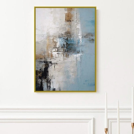 Abstrakte gerahmte Wandkunst, moderner blauer Leinwanddruck, großes Floater-Rahmen-Kunstwerk, konzeptuelles hängendes Wanddekor, Wohnzimmer-Wandkunst