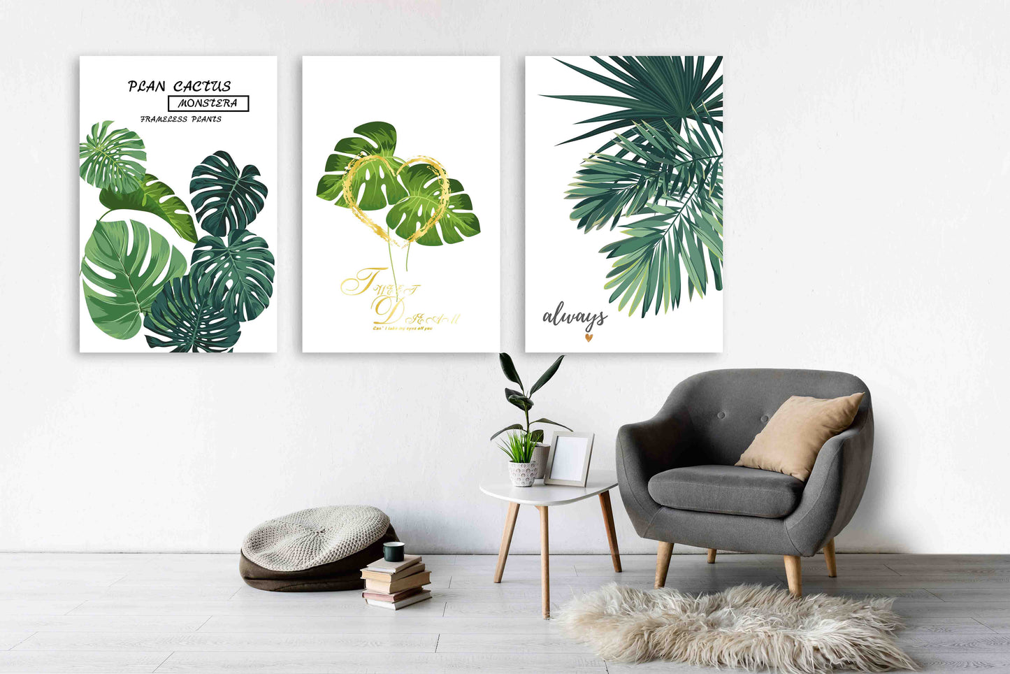 Tropische Wandkunst Gemälde auf Leinwand, Wanddekoration für Zuhause, druckbare Wandkunst 3er-Set, Monstera Kunst benutzerdefinierte Leinwand, botanische Wandkunst