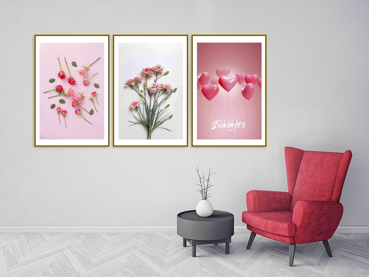 Blumen Wandkunst Gemälde auf Leinwand, Wanddekoration für Zuhause, druckbare Wandkunst 3er Set, Valentinstagsgeschenk, Herz Dekor Wand, druckbare Kunst