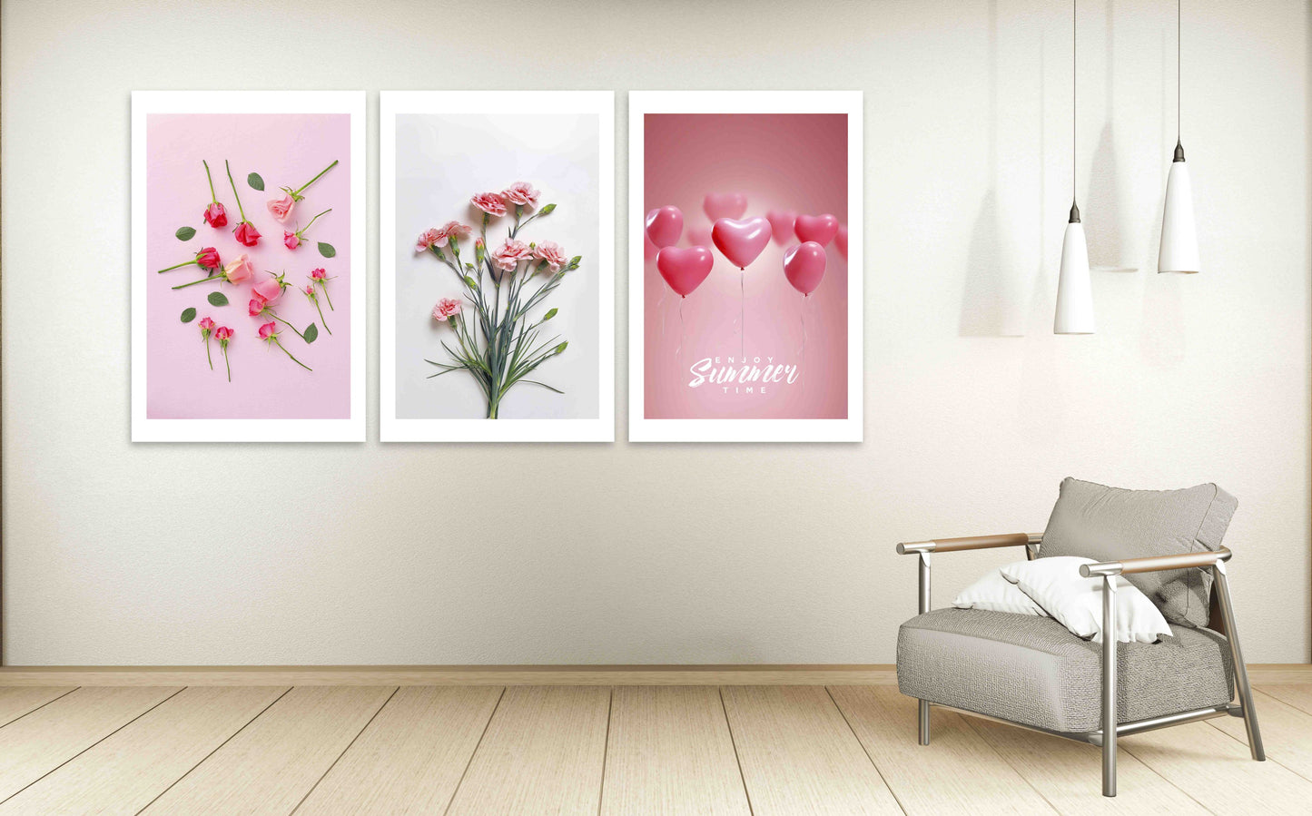 Blumen Wandkunst Gemälde auf Leinwand, Wanddekoration für Zuhause, druckbare Wandkunst 3er Set, Valentinstagsgeschenk, Herz Dekor Wand, druckbare Kunst