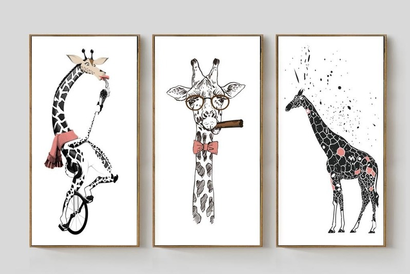 Moderne Wandkunst, Giraffen-Wandbilder auf Leinwand, trendige Wandkunst, Wohndekor, druckbares Wandkunst-Set von 3, Giraffengemälde