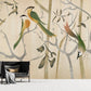 Green wallpaper birds Wallpaper with birds and flowers Chinoiserie painted silk Botanical removable Peel & stick Art deco wallpaper