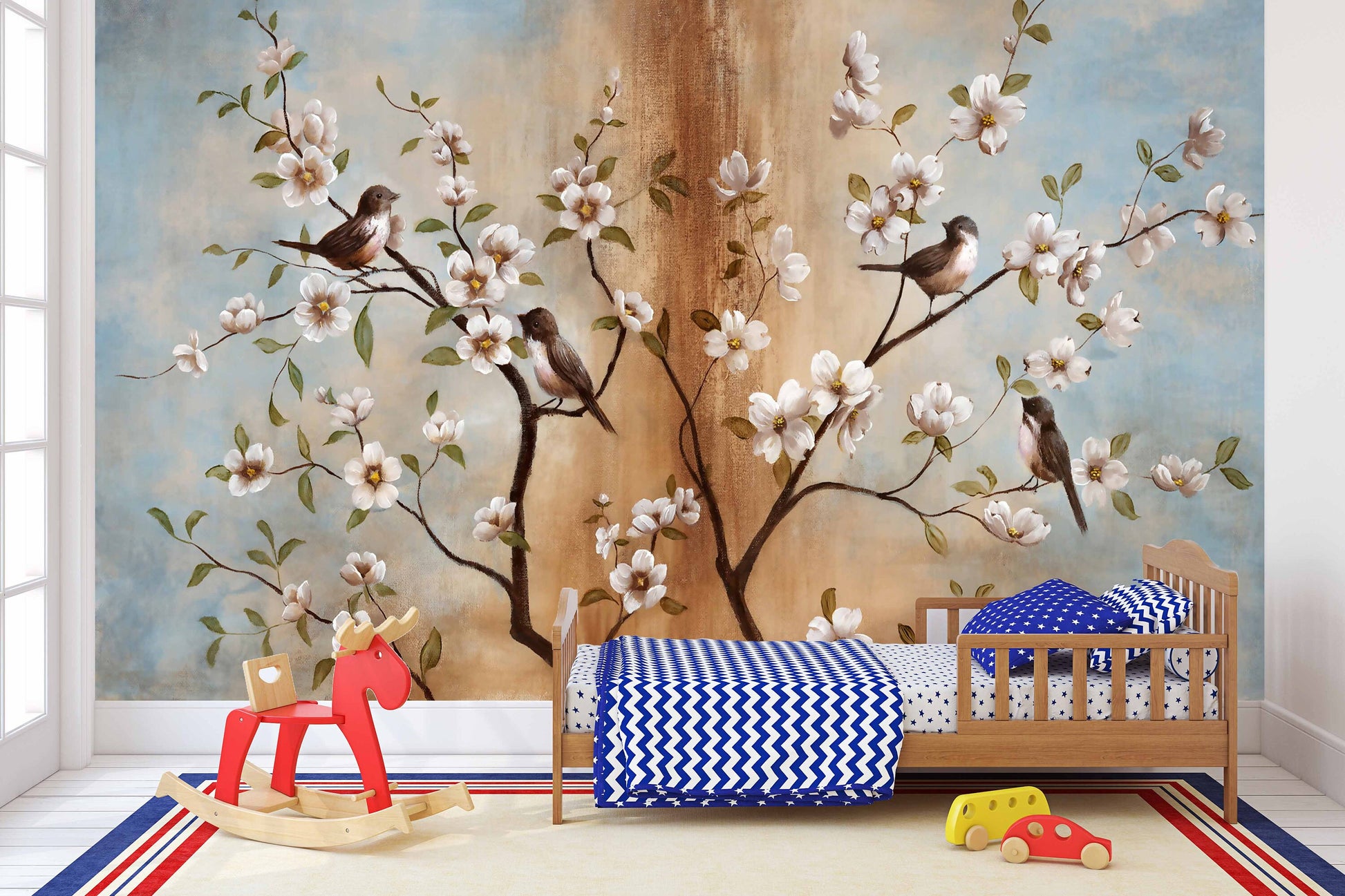 Sakura blossoms Japanese painting Chinoiserie wallpaper Botanical removable Japanese wall art Flowers wall mural prints Peel & stick