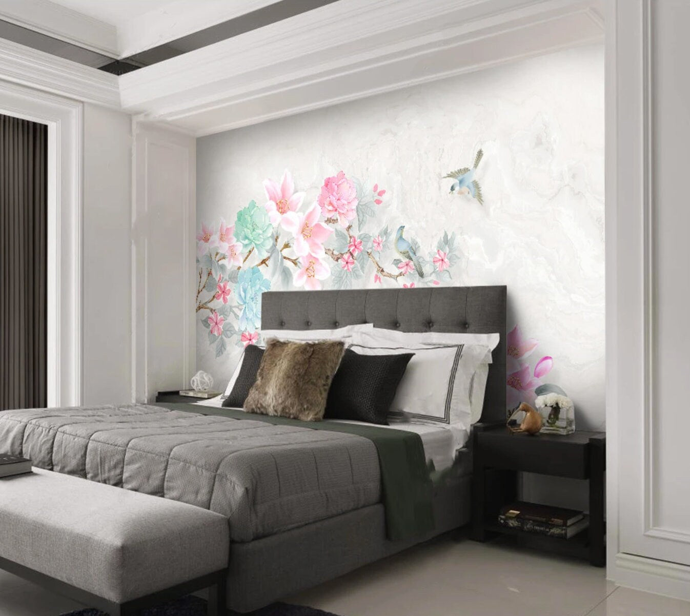 Peel and stick Home wall decor Sakura blossoms Botanical removable Japanese wall art Wallpaper with birds and flowers