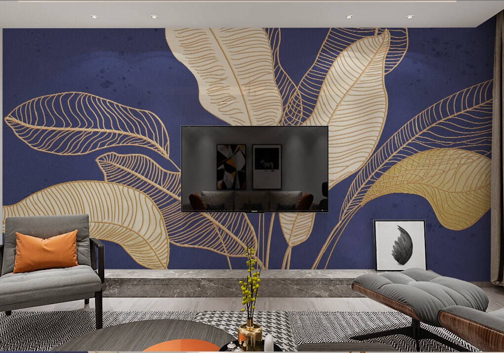 Banana leaf wallpaper, tropical leaf wallpaper peel and stick wall mural, vinyl wallpaper, blue floral wallpaper, banana leaf mural