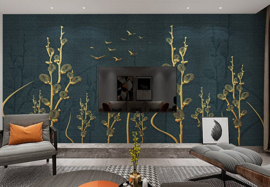 Modern green and gold wallpaper peel and stick wall mural large leaves vinyl, canvas dark floral wallpaper
