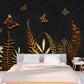 Ggold and black wallpaper peel and stick wall mural, floral and butterfly wallpaper, modern leaf vinyl, canvas wallpaper