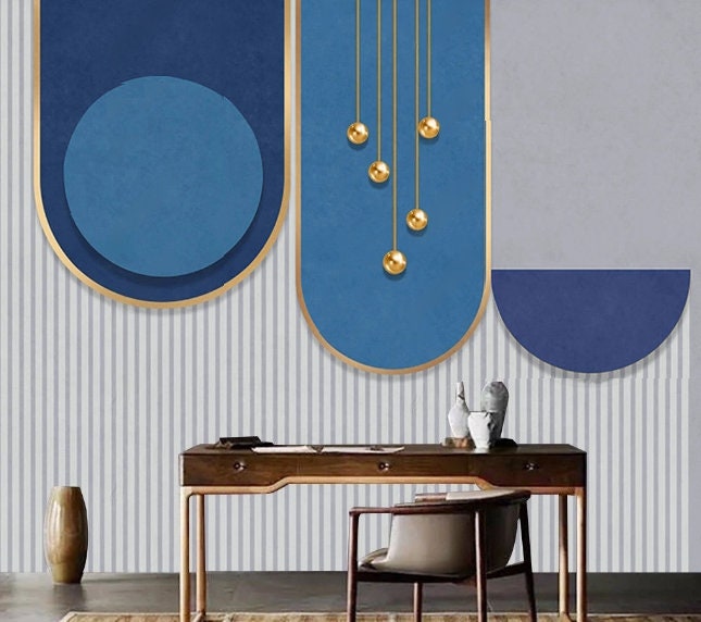 Abstract wallpaper peel and stick wall mural, blue accent wallpaper, geometric vinyl wallpaper, canvas wallpaper, mid century modern