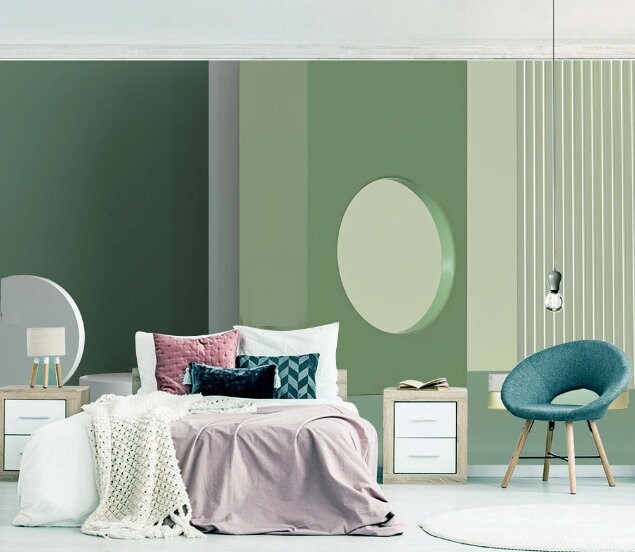 Mid century modern wallpaper peel and stick wall mural, green wallpaper, accent wallpaper, geometric vinyl wallpaper, canvas wallpaper