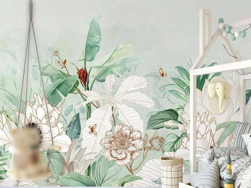 Tropical leaf wallpaper peel and stick wall mural, vinyl wallpaper, modern botanical wallpaper, banana leaf mural